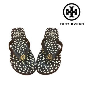 Tory Burch Thin Strap Logo Flip Flops Black White Spot Slip On Flats Size 7.5